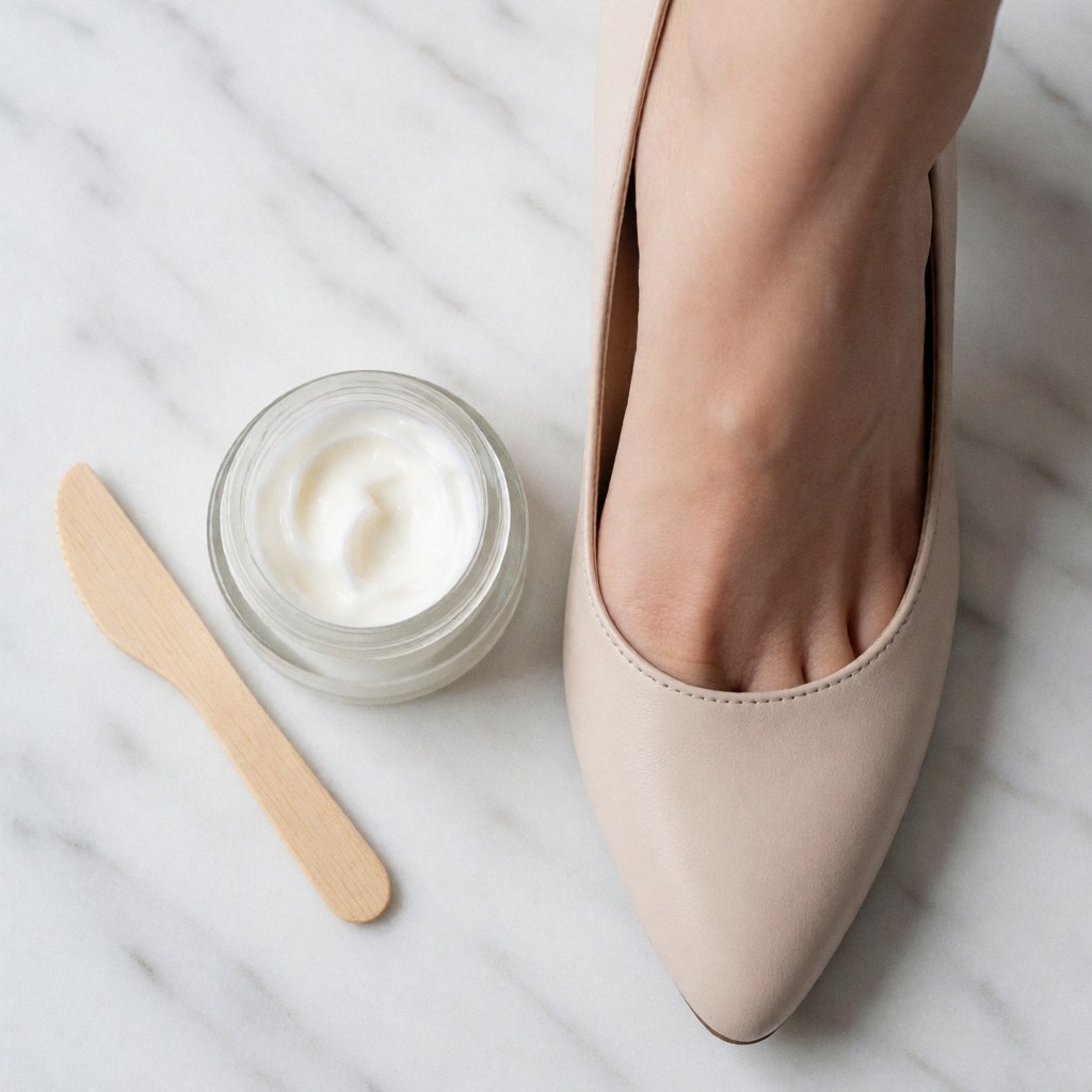 Un pied portant un escarpin à talon est posé à côté d'un flacon en verre contenant une crème de soin pour les pieds, le tout disposé sur une surface en marbre blanc.
