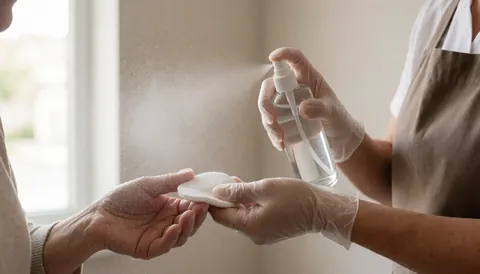 Un professionnel portant des gants applique du tonique facial sur un chiffon avec une lumière naturelle dans un salon pour des soins de la peau.
