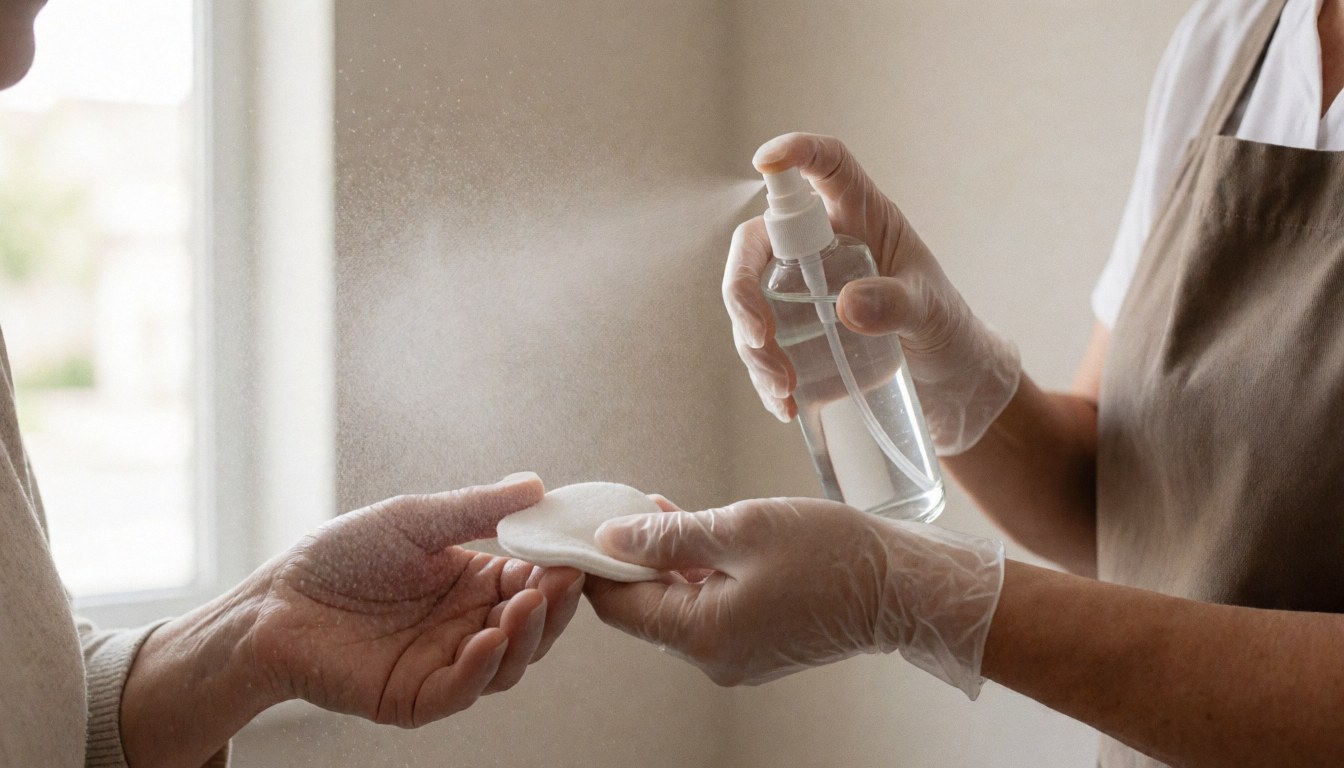 Un professionnel portant des gants applique du tonique facial sur un chiffon avec une lumière naturelle dans un salon pour des soins de la peau.
