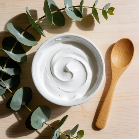 Masque facial en argile blanche dans un bol blanc, entouré de feuilles d'eucalyptus et d'une cuillère en bois sur une surface en bois clair, éclairage naturel.