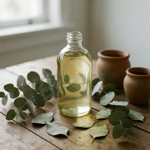 Bouteille en verre contenant une huile claire entourée de feuilles d'eucalyptus et de pots en terre cuite sur une table en bois rustique éclairée par une lumière naturelle douce.