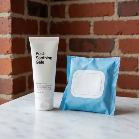 Tube blanc de gel apaisant et paquet de lingettes humides bleues posés sur une surface en marbre blanc avec un fond de mur en briques rouges.