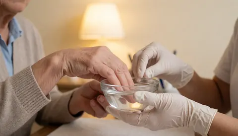 Une manuciste portant des gants blancs applique de l'acétone sur la main d'une cliente dans un salon de beauté aux tons chauds.