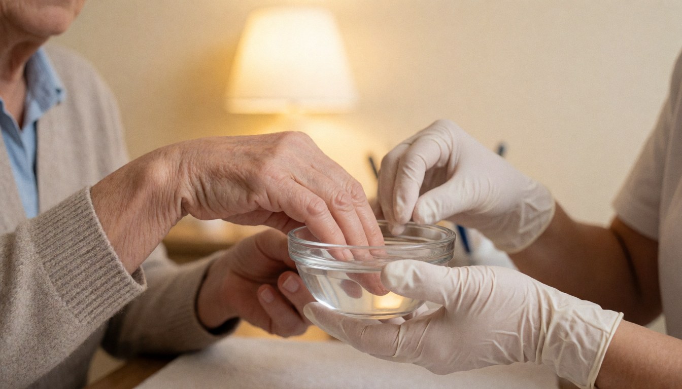 Une manuciste portant des gants blancs applique de l'acétone sur la main d'une cliente dans un salon de beauté aux tons chauds.
