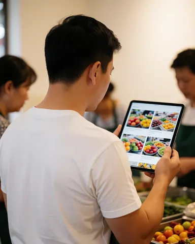 Une cliente examine des images de fruits sur une tablette dans un marché, avec des fruits réels en premier plan et des personnes floues en arrière-plan.