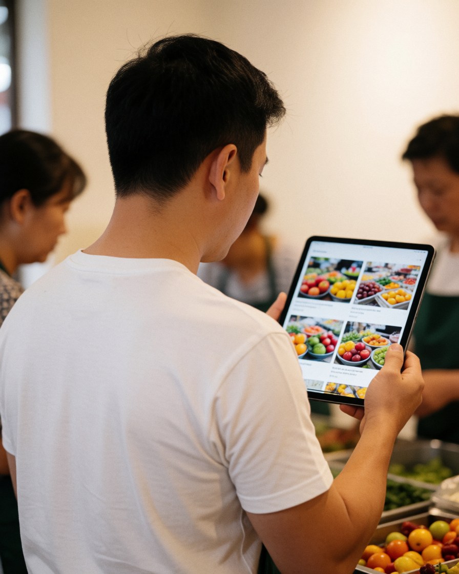Une cliente examine des images de fruits sur une tablette dans un marché, avec des fruits réels en premier plan et des personnes floues en arrière-plan.