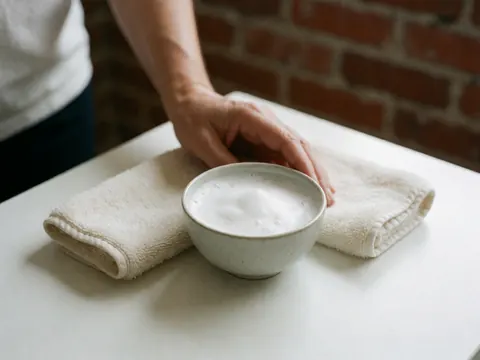 Une main adulte tient une tasse en céramique contenant de la mousse blanche, accompagnée d'une serviette propre sur un fond de mur en briques rouges.