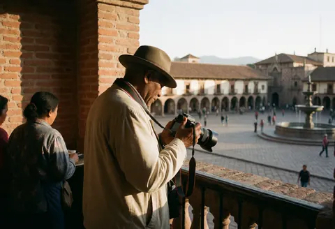 Un photographe professionnel examine son appareil photo sur un balcon en brique, avec une place coloniale et une fontaine en arrière-plan sous la lumière dorée du coucher de soleil.