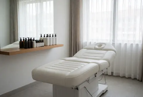 Espace de nettoyage facial équipé d'une table blanche, miroir, étagère avec produits, fenêtres et rideaux blancs. Ambiance sereine et hygiénique.