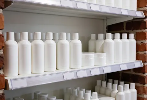 Des étagères blanches contenant des produits de nettoyage facial sont disposées sur un mur de briques rouges dans un commerce bien éclairé et ordonné.