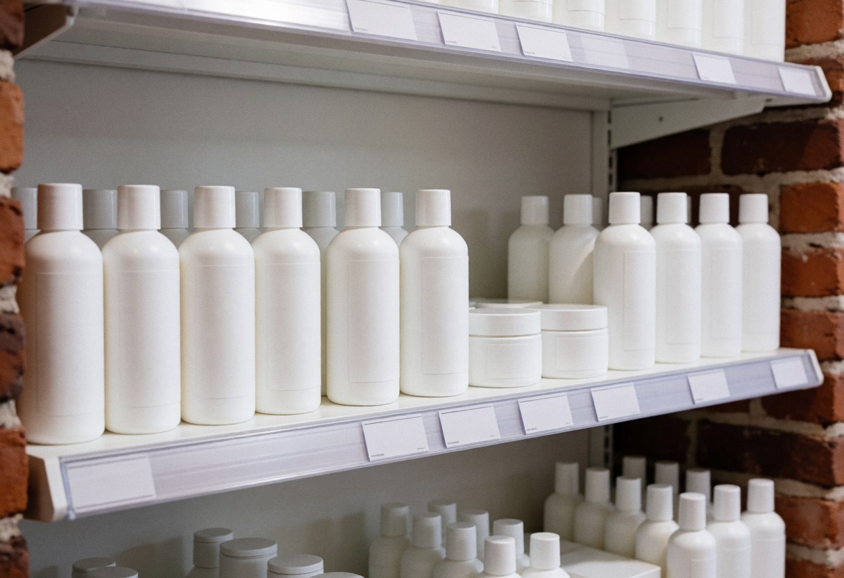 Des étagères blanches contenant des produits de nettoyage facial sont disposées sur un mur de briques rouges dans un commerce bien éclairé et ordonné.