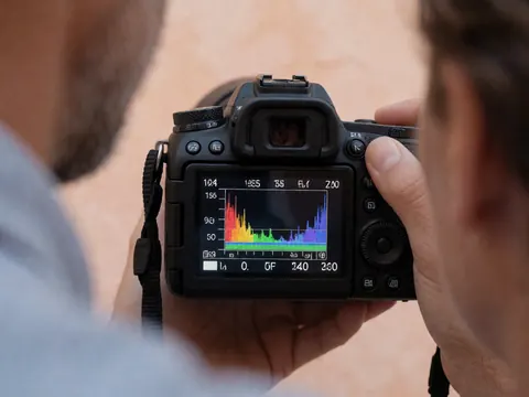 Mains ajustant le cadran d'une caméra DSLR montrant l'histogramme et les paramètres d'exposition sur l'écran, devant un mur de couleur terre cuite.