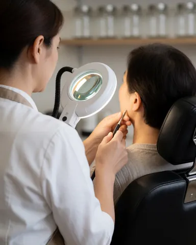 Un thérapeute utilise une loupe et un outil pour examiner la peau d'une cliente assise sur une chaise noire dans un salon professionnel calme.