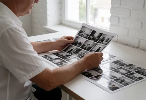 Un photographe documentaire examine ses contacts dans un studio baigné de lumière naturelle, avec des murs en briques blanches et une table propre.