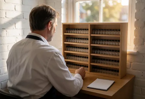 Un professionnel en tenue blanche inspecte des flacons d'homéopathie disposés dans une vitrine en bois, avec un cahier sur la table et un mur de briques blanches en arrière-plan.