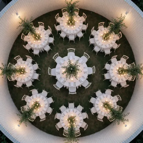 Vue aérienne de tables rondes blanches avec des bougies allumées et de la végétation posées sur l'herbe dans un espace circulaire bordé de murs de carreaux blancs.