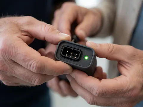 Chargeur de drone affichant un voyant lumineux vert indiquant l'état de charge, mains effectuant une manipulation précise sur les connecteurs électroniques.