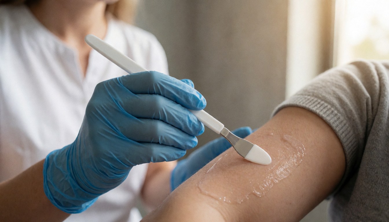 Une praticienne en gants bleus applique du gel conducteur sur le bras d'un client dans un salon de traitement au fond flou et à la lumière naturelle.