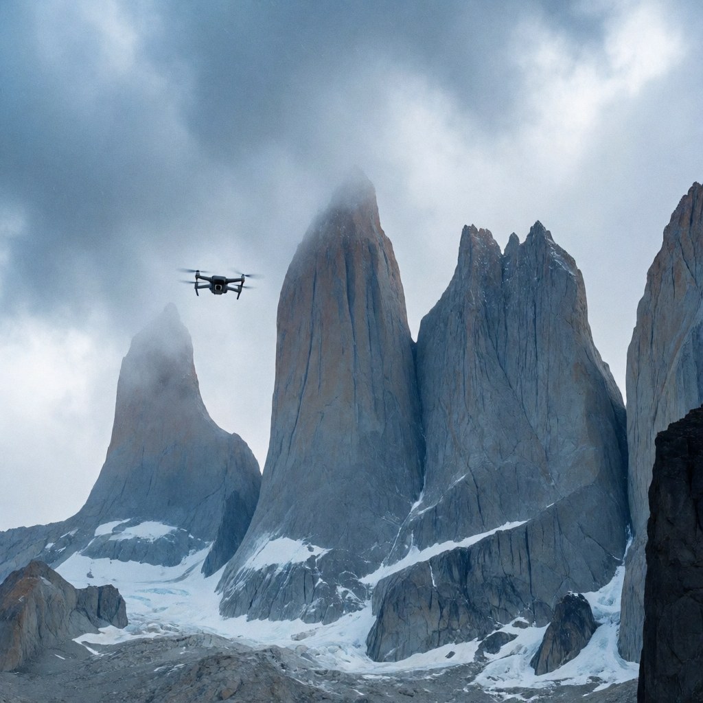 Prise de vue par drone au-dessus d'un paysage montagneux enneigé et nuageux, mettant en valeur les formations rocheuses imposantes pour illustrer le tourisme et l'exploration naturelle.