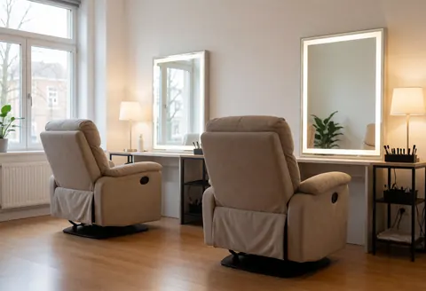 Intérieur d'un salon de beauté avec deux fauteuils beige, des miroirs lumineux, des tables équipées et des fenêtres laissant entrer la lumière naturelle.