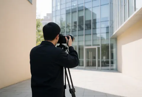 Un photographe professionnel ajuste sa caméra sur un trépied face à un bâtiment moderne en verre dans une place urbaine éclairée par la lumière naturelle.