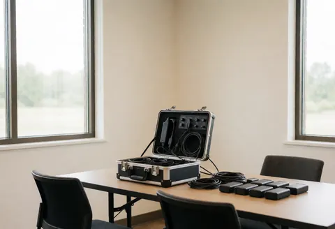 Matériel professionnel de drone posé sur un bureau en bois près d'une fenêtre, câbles et batteries prêts à l'emploi dans un environnement de bureau ordonné.