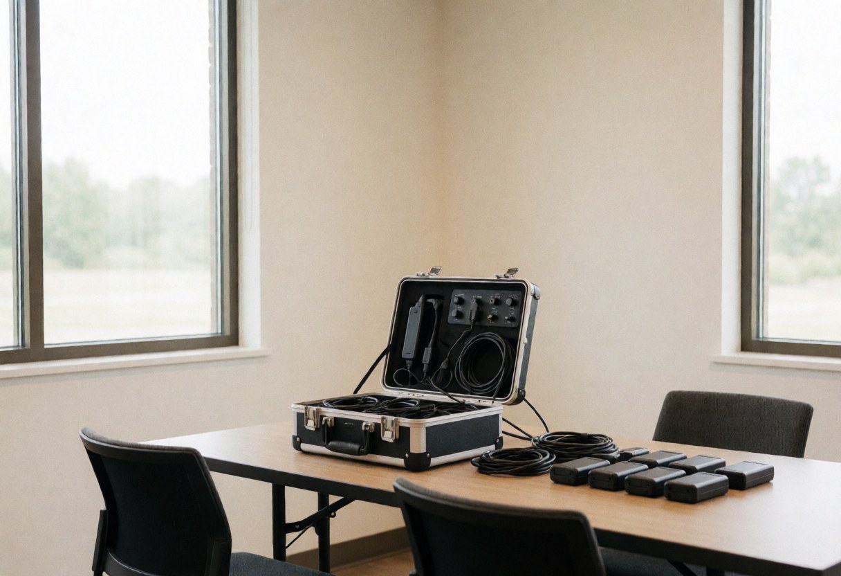 Matériel professionnel de drone posé sur un bureau en bois près d'une fenêtre, câbles et batteries prêts à l'emploi dans un environnement de bureau ordonné.