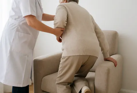 Un thérapeute en blouse blanche assiste un senior pour qu'il se lève d'un fauteuil beige, en utilisant une technique de transfert sécurisé dans une pièce lumineuse.