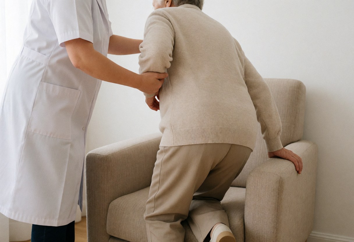 Un thérapeute en blouse blanche assiste un senior pour qu'il se lève d'un fauteuil beige, en utilisant une technique de transfert sécurisé dans une pièce lumineuse.