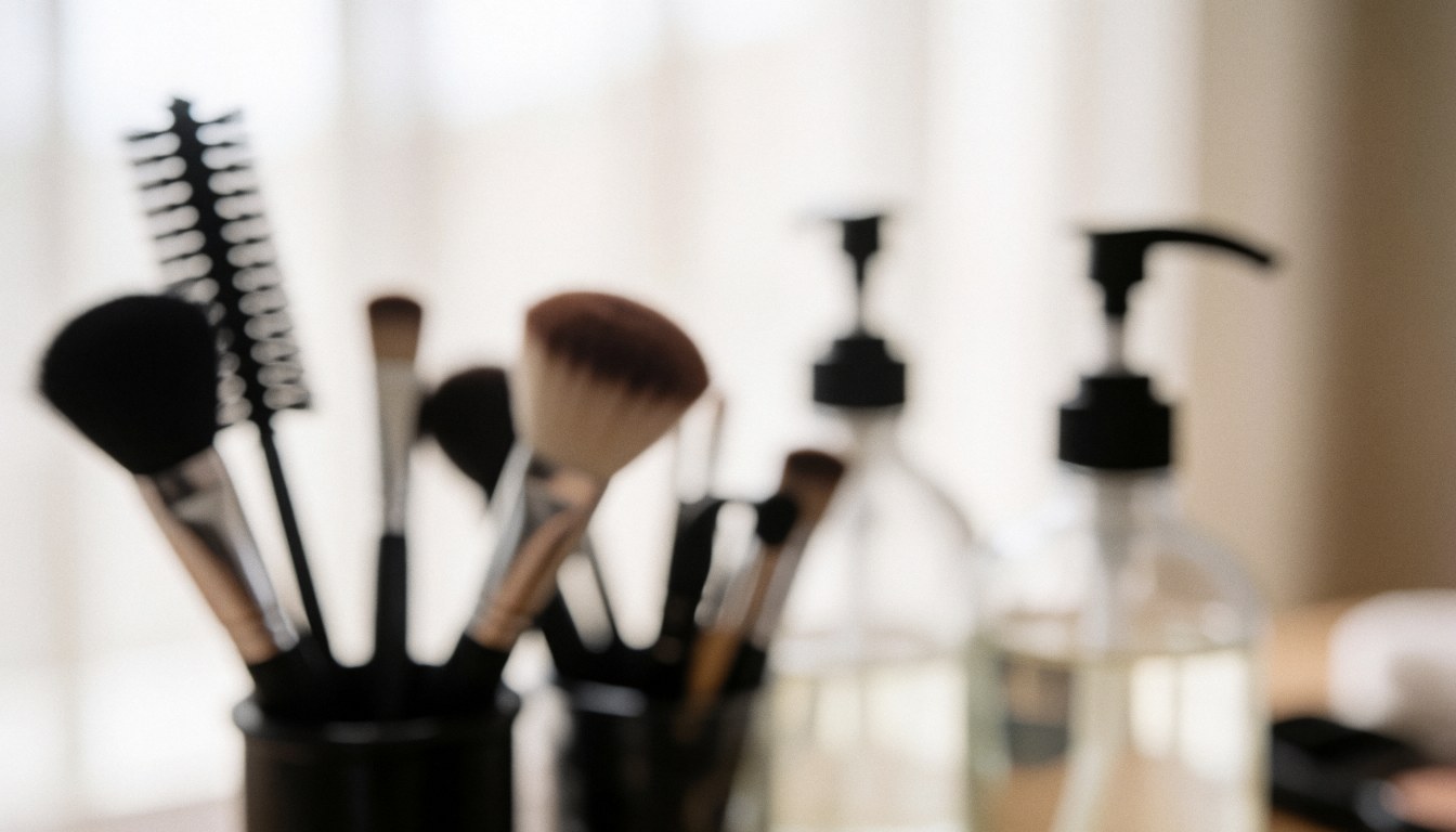 Fond professionnel de maquillage avec brosses sur support et distributeurs de nettoyage, éclairage doux et diffus, idéal pour textes sur l'hygiène et les soins.