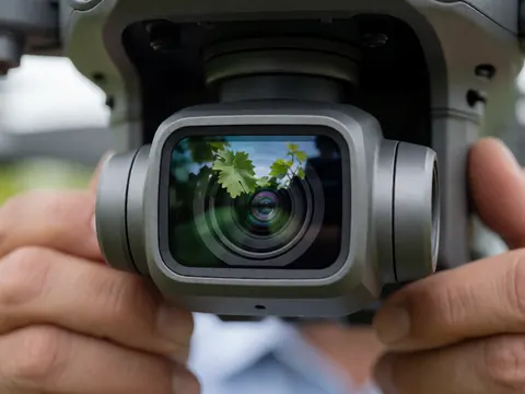 Caméra de drone professionnel avec reflet de feuilles vertes de vigne, mains tenant l'équipement, fond flou, idéal pour le monitoring viticole.