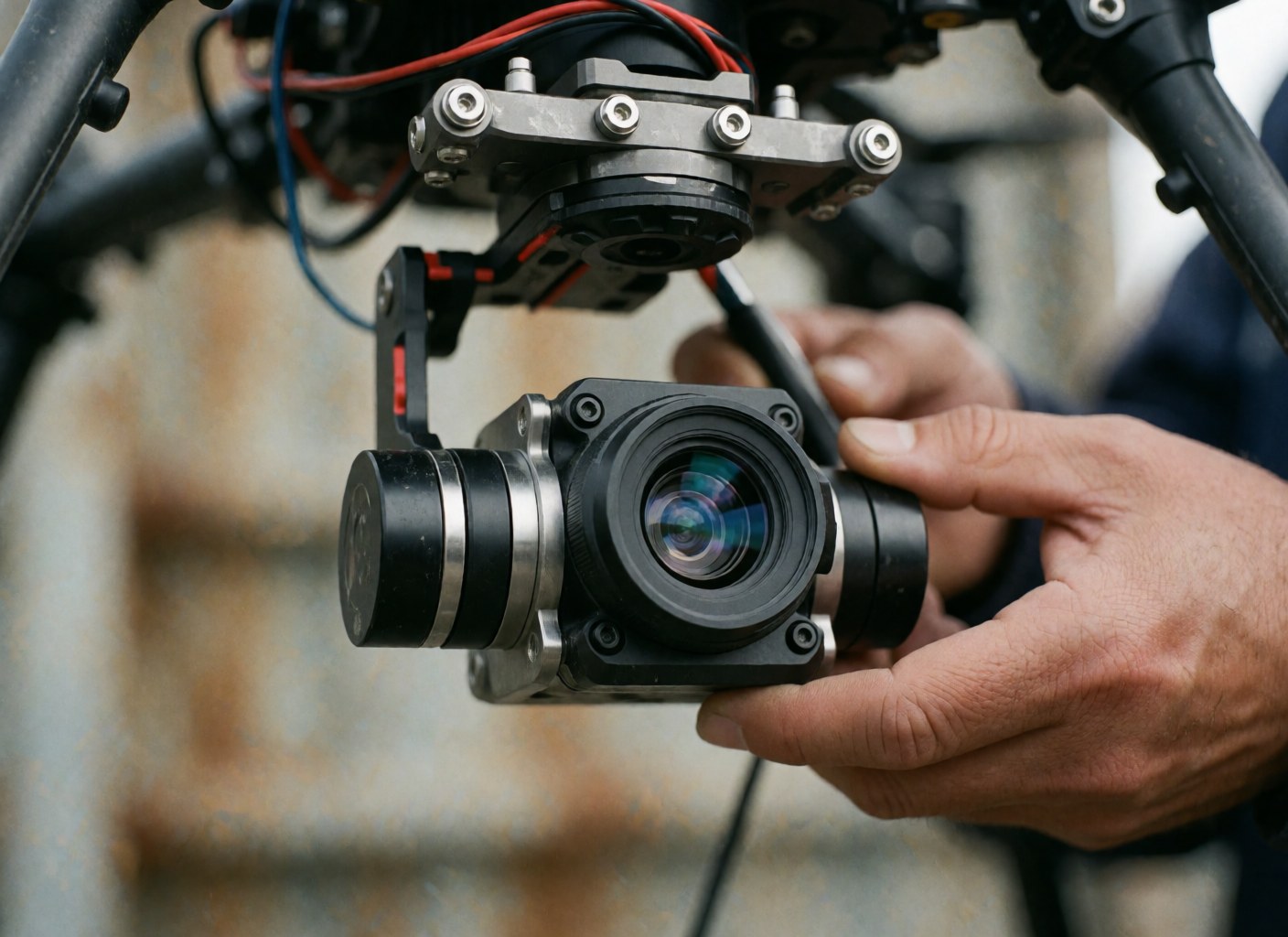 Professional drone camera with gimbal, hands adjusting equipment, blurred industrial background, visible mechanical details.