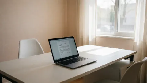 Bureau de travail moderne avec ordinateur ouvert affichant un document contractuel, chaise blanche, fenêtre aux rideaux et lumière naturelle douce.