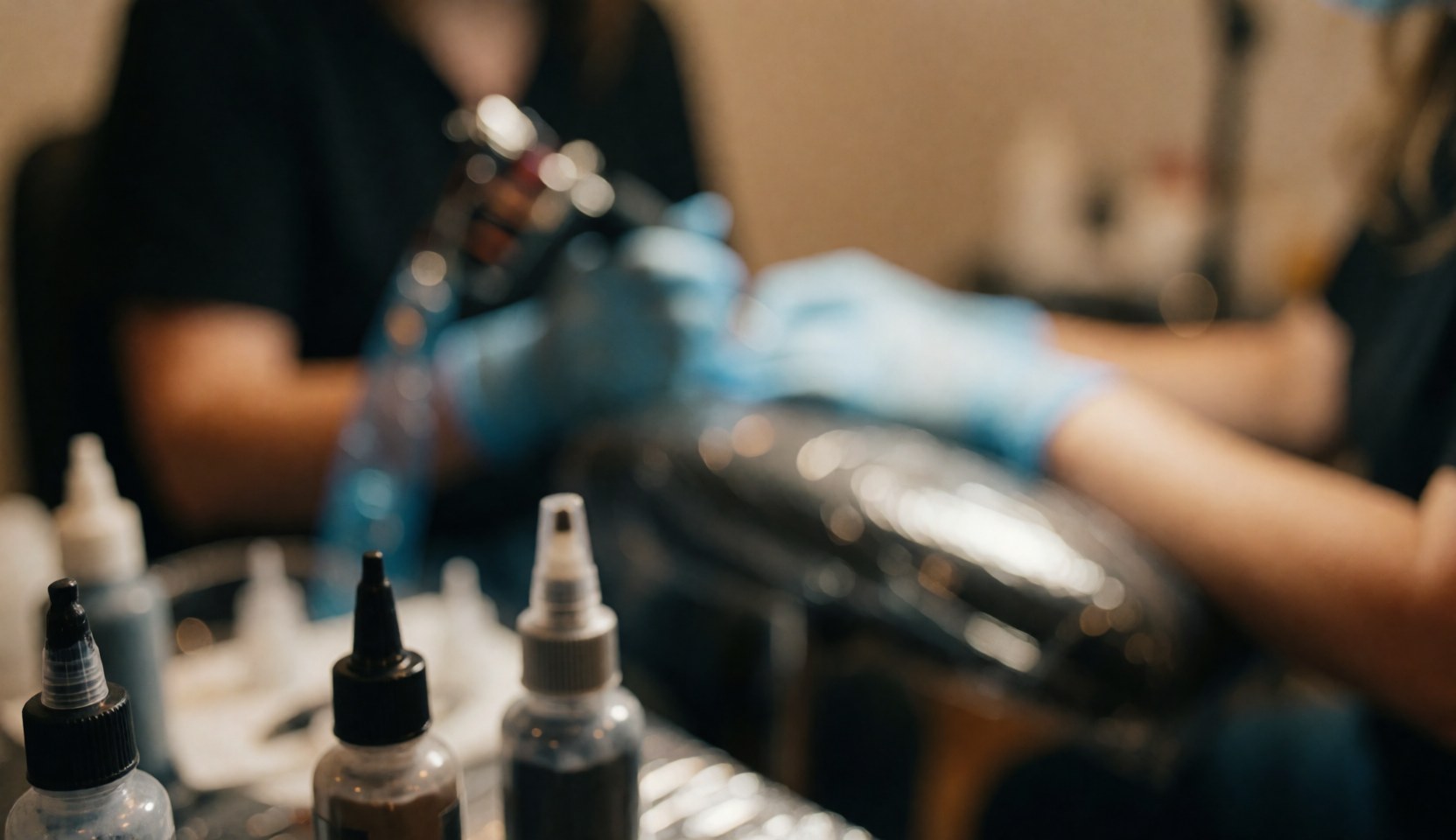 Fond de studio de tatouage avec machine, encre et gants bleus, éclairage chaleureux et ambiance professionnelle.