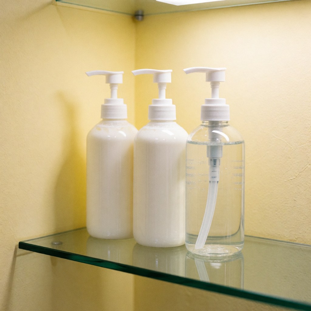 Trois bouteilles avec pompes, deux blanches et une transparente, posées sur une étagère en verre devant un mur jaune, éclairage chaleureux et reflets doux.