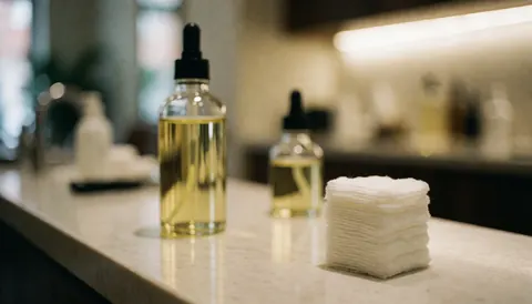 Comptoir de salon avec une bouteille d'huile et des serviettes en coton, éclairage chaleureux, ambiance professionnelle et propre.