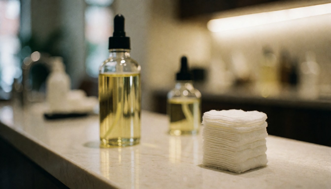Comptoir de salon avec une bouteille d'huile et des serviettes en coton, éclairage chaleureux, ambiance professionnelle et propre.