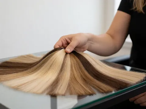 Mains d'un professionnel tenant des extensions capillaires naturelles et synthétiques aux tons clairs et bruns sur une surface vitrée.