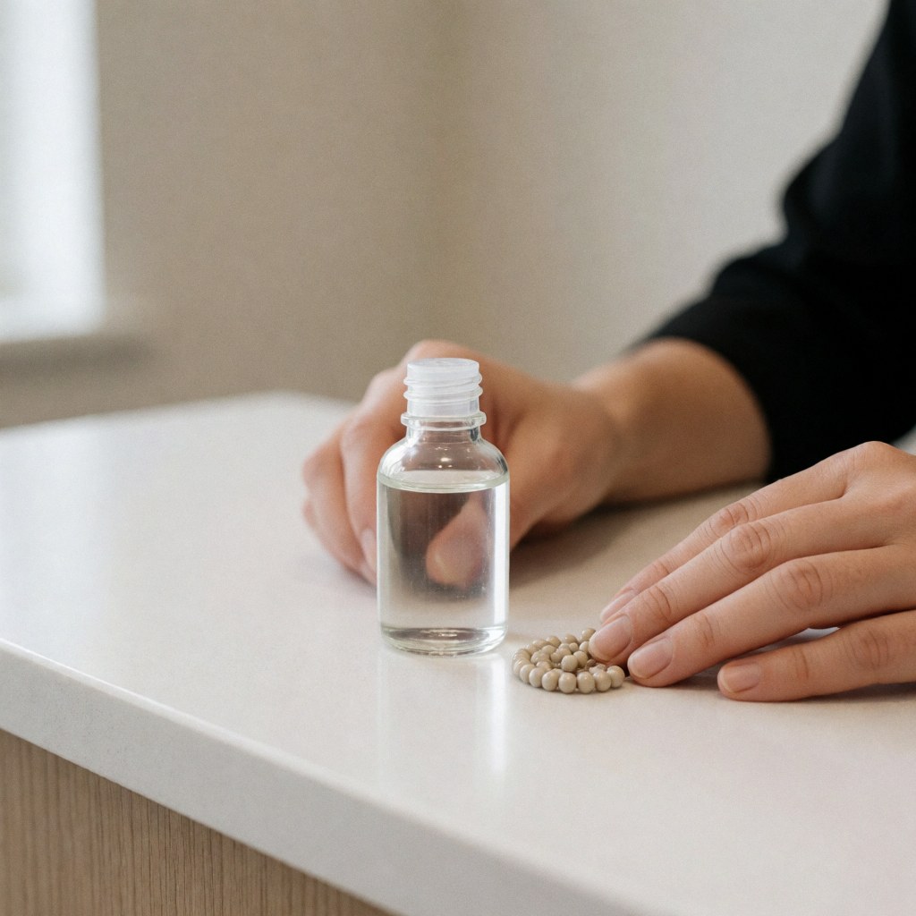 Des mains sur un comptoir blanc avec une solution liquide et des perles de kératine, produit pour l'extension des cheveux en salon.