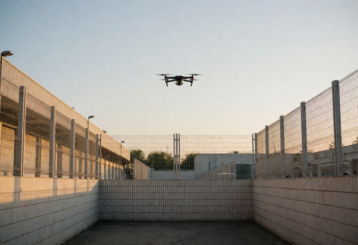 Un drone de surveillance vole au-dessus d'un site industriel entouré de clôtures métalliques et de murs en carreaux blancs, éclairé par la lumière du coucher de soleil.