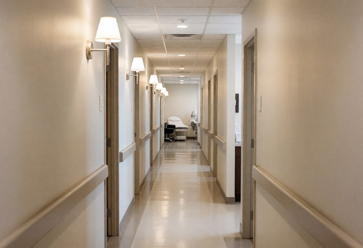 Couloir stérile et bien éclairé d'un centre de piercing, avec des lits de traitement au fond et des murs neutres, idéal pour les entreprises d'esthétique.