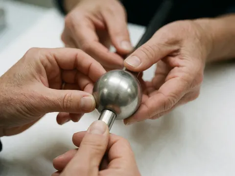 Des mains d'adulte ajustent une barre en titane avec extrémité sphérique brillante sur fond blanc stérile, outil pour perçage corporel.