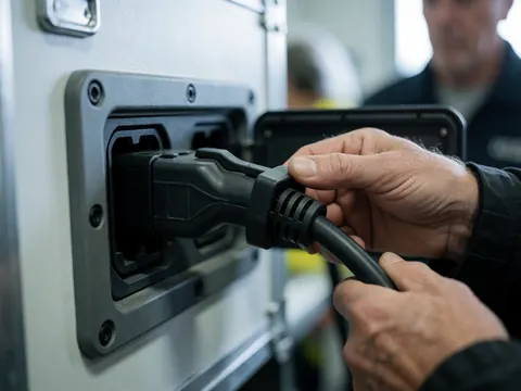 Des mains d'un adulte branchant un câble noir sur une prise robuste d'équipement industriel, illustrant un travail technique sécurisé en milieu professionnel.