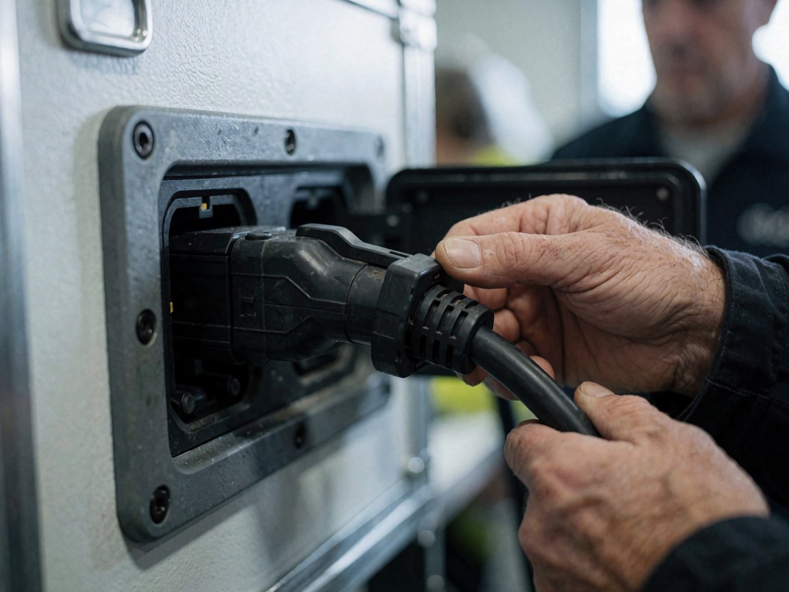 Des mains d'un adulte branchant un câble noir sur une prise robuste d'équipement industriel, illustrant un travail technique sécurisé en milieu professionnel.