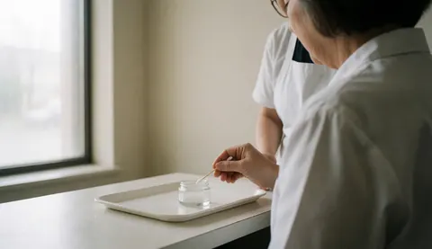Une spécialiste en tablier blanc applique une crème sur un coton au-dessus d'une tablette blanche, éclairée par la lumière naturelle d'une fenêtre sur fond beige.