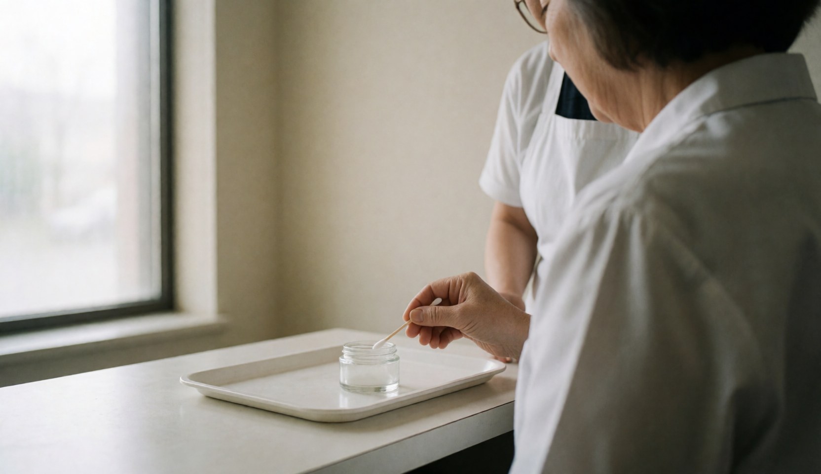 Une spécialiste en tablier blanc applique une crème sur un coton au-dessus d'une tablette blanche, éclairée par la lumière naturelle d'une fenêtre sur fond beige.