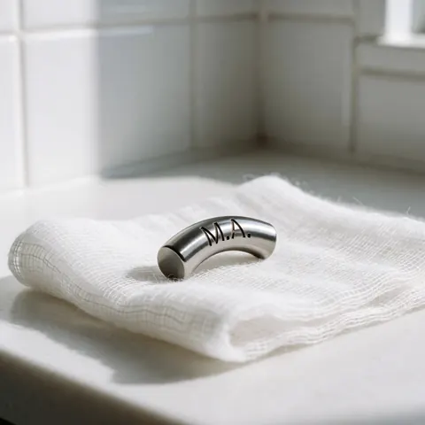 Barre de piercing en titane poli portant l'inscription personnalisée M.A., posée sur une compresse médicale blanche, dans un environnement clinique propre et aseptisé.