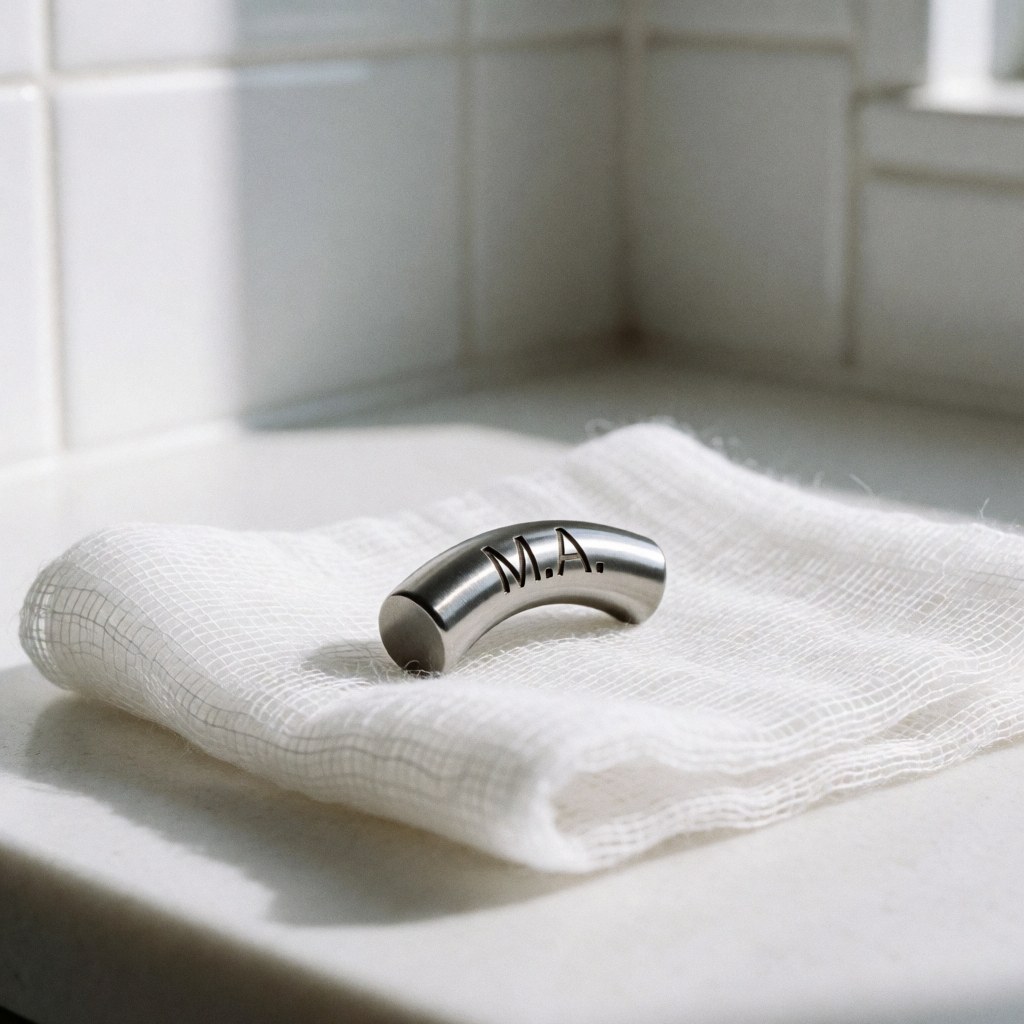 Barre de piercing en titane poli portant l'inscription personnalisée M.A., posée sur une compresse médicale blanche, dans un environnement clinique propre et aseptisé.