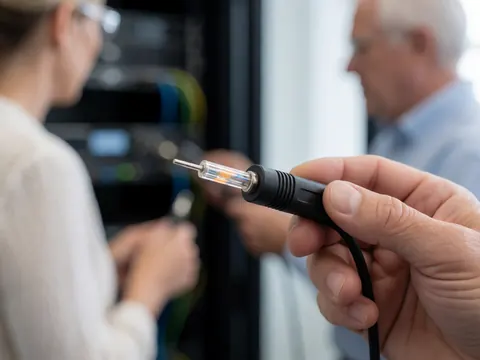 Gros plan d'une main tenant un câble optique branché sur une interface, avec en arrière-plan flou des baies de serveurs dans un environnement professionnel.