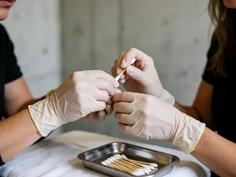 Gants blancs tenant un tampon de coton pour nettoyer les sourcils sur une table métallique dans un salon de beauté professionnel.